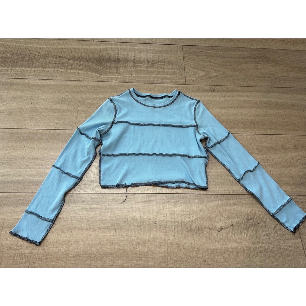 Light Blue Ribbed Lettuce Edge Crop Top Long Sleeve Contrast Stitch Small